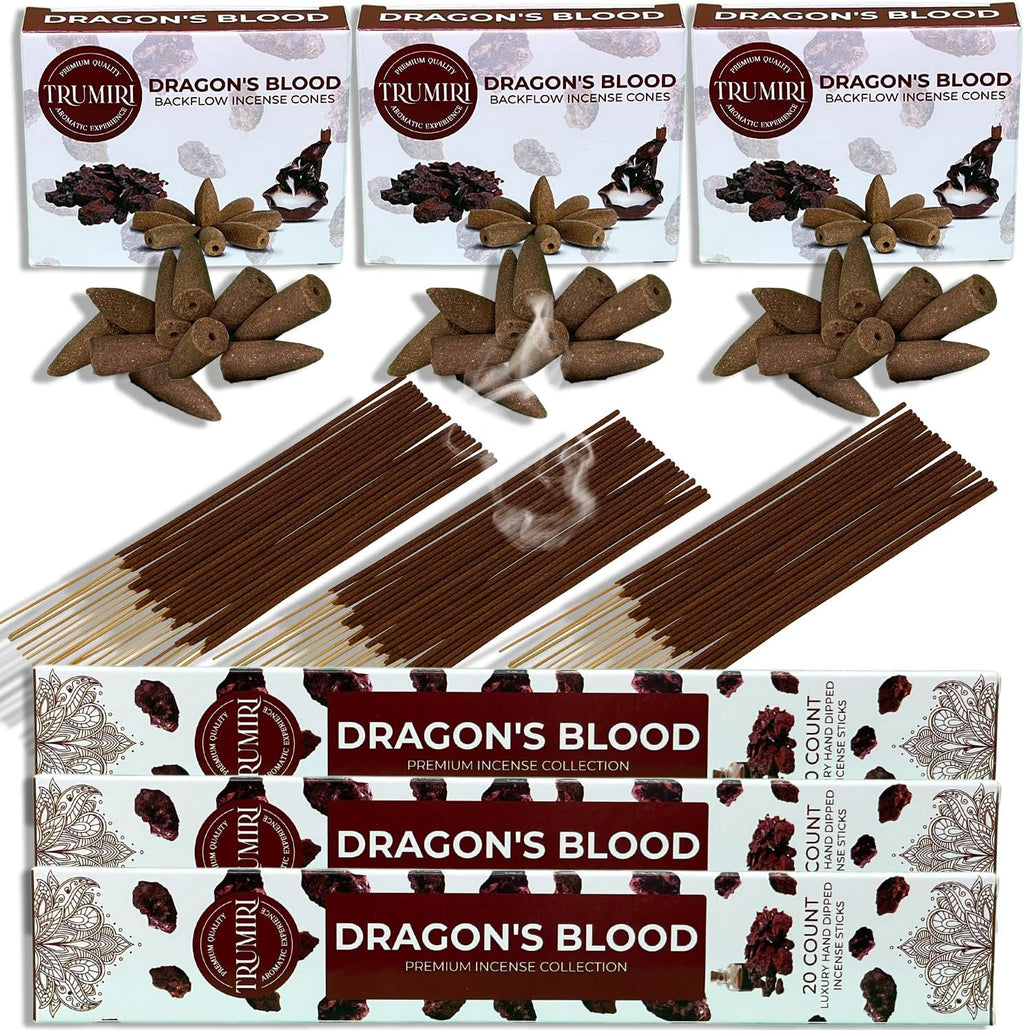 Dragons Blood Incense Sticks & Backflow Cones for Waterfall - 60 Sticks + 30 Cones - Waterfall Incense Combo Pack