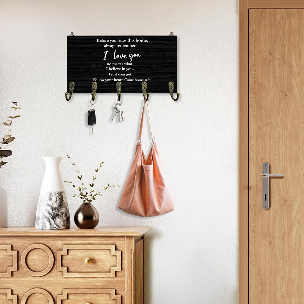 I Love You Sign Key Holder for Wall 10"x5.12", Couple Home Key Hanger Wall Mount, Before You Leave This Home Sign Love Wooden Hanging Keys Holder Decor for Entryway Front Door（5 Hooks）