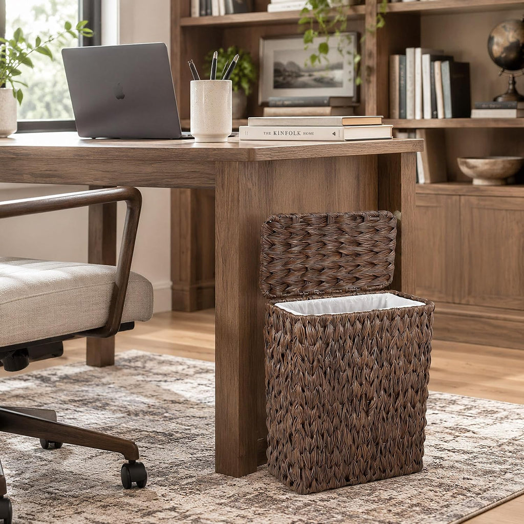 Wicker Trash Can with Lid & Liner, Small Bathroom Waste Basket, Brown