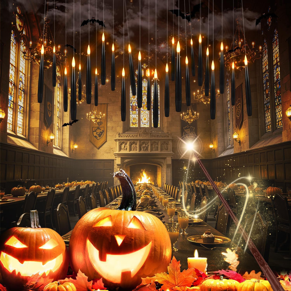 24 Floating Flameless Candles with Wands, Halloween Hanging Decor