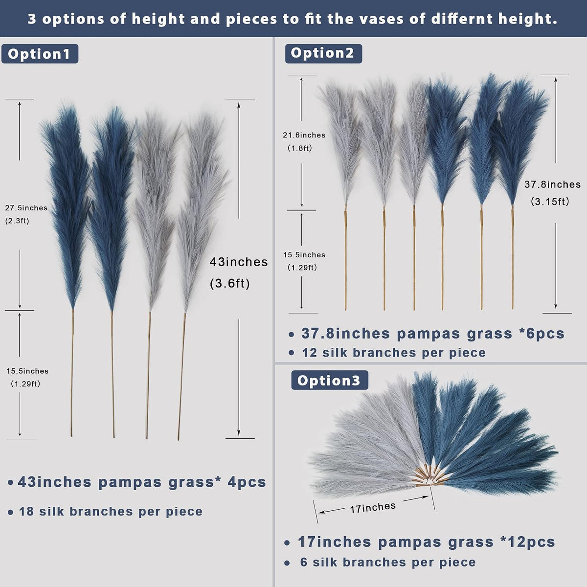 4pcs Faux Pampas Grass Tall 43” / 3.6ft, Non-Shedding Large Artificial Fluffy Reed Fake Flower Feather Arrangement for Floor Vase Filler Boho Farmhouse Home Wedding Decor (Grey& Navy Blue)
