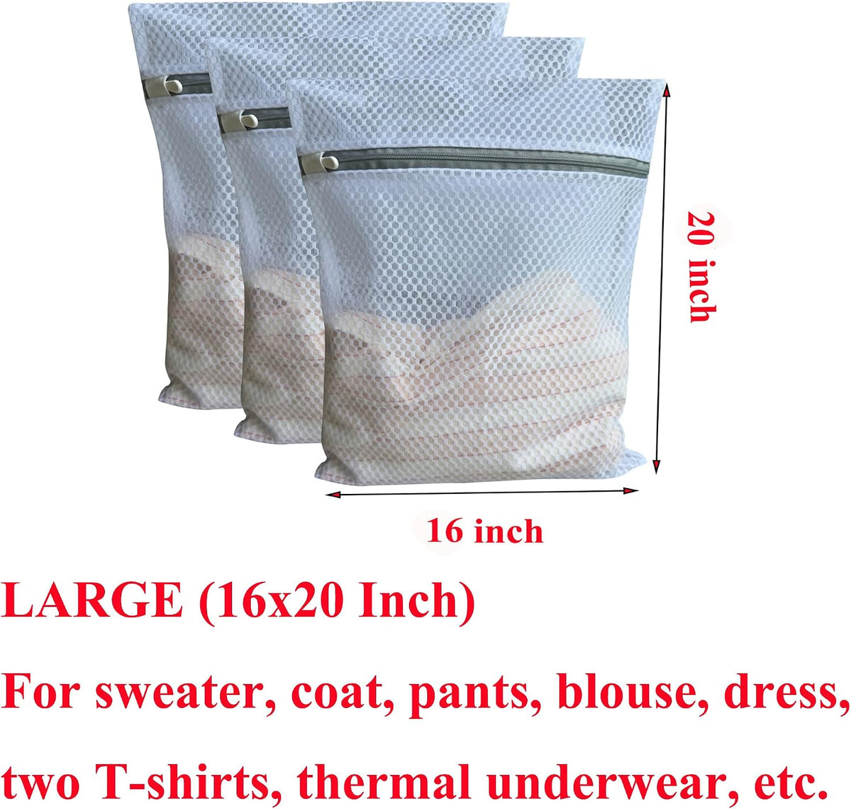 3Pcs Mesh Laundry Bags Durable Zipper Wash Bags for Delicates, Lingerie, Bras, Underwear, Baby Clothes, Shoe, Sock - Protect Garments in Washing Machine Pouch Net Bag Travel (3 Large(16 x 20 Inches))