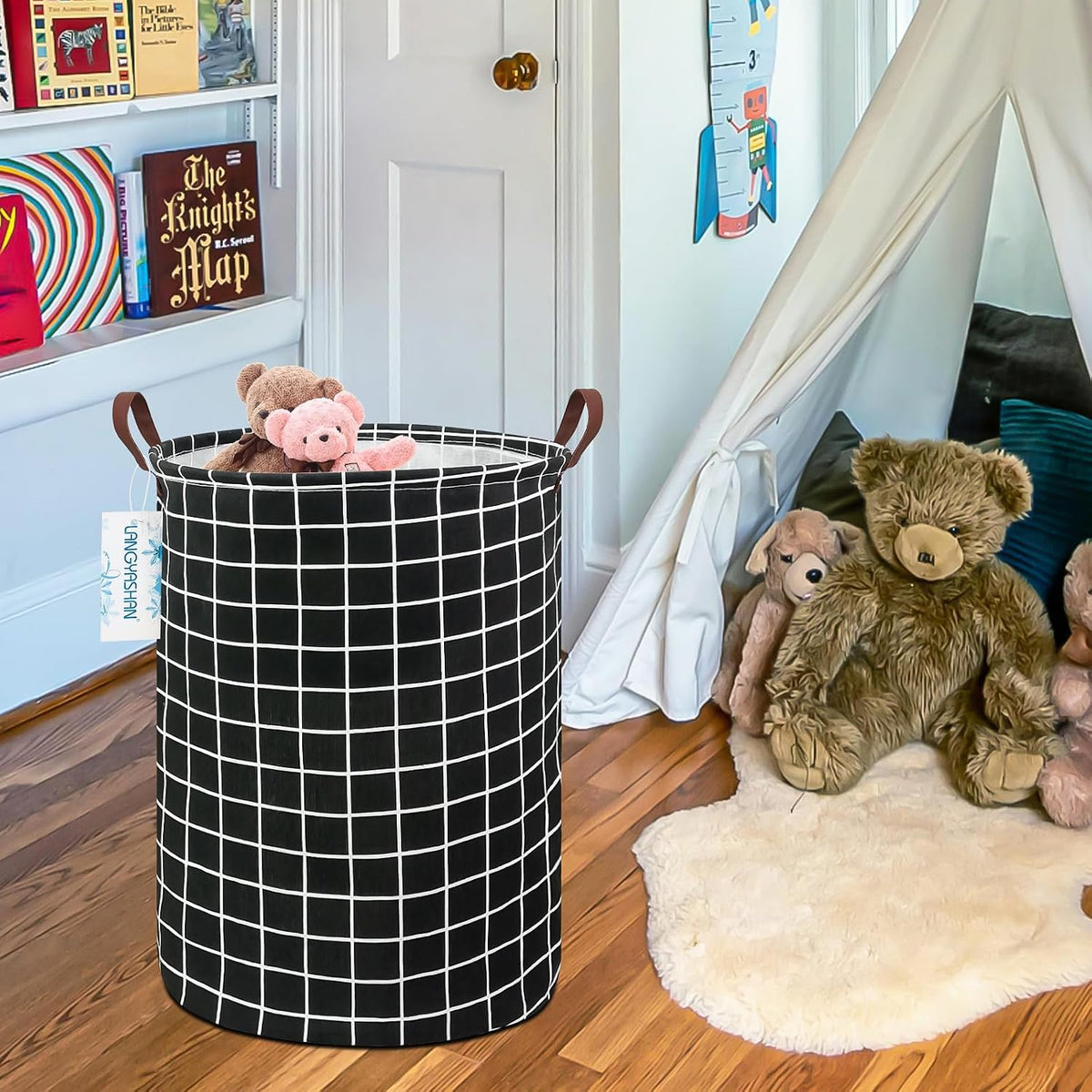 Round Laundry Basket Collapsible Storage Hamper Organizer Black Grid