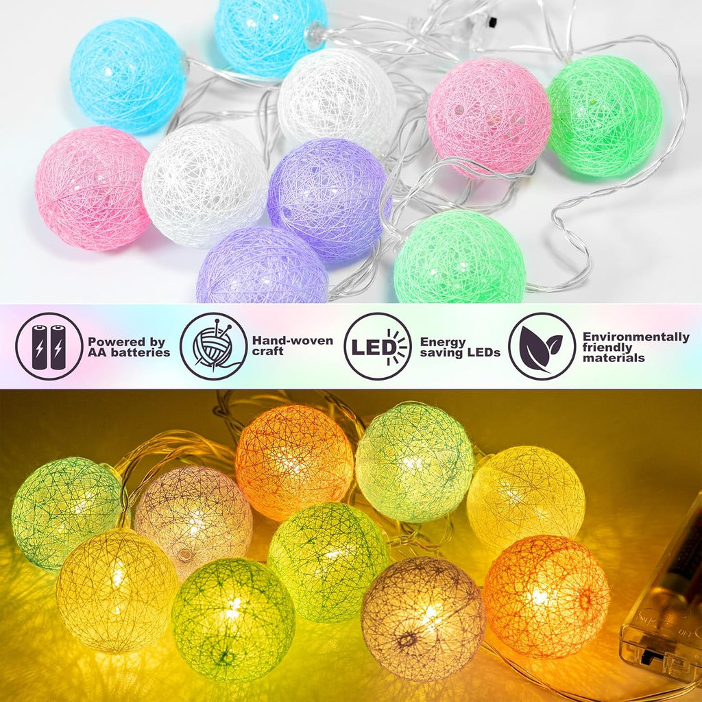 Anordsem Battery String Light Indoor: 6.88Ft/10 LED Cotton Ball Lanterns 2 Pack - Fairy Macaron Color Lighting Hanging Deco for Bedroom Party - Birthday Gifts for Babies Adults 25-50