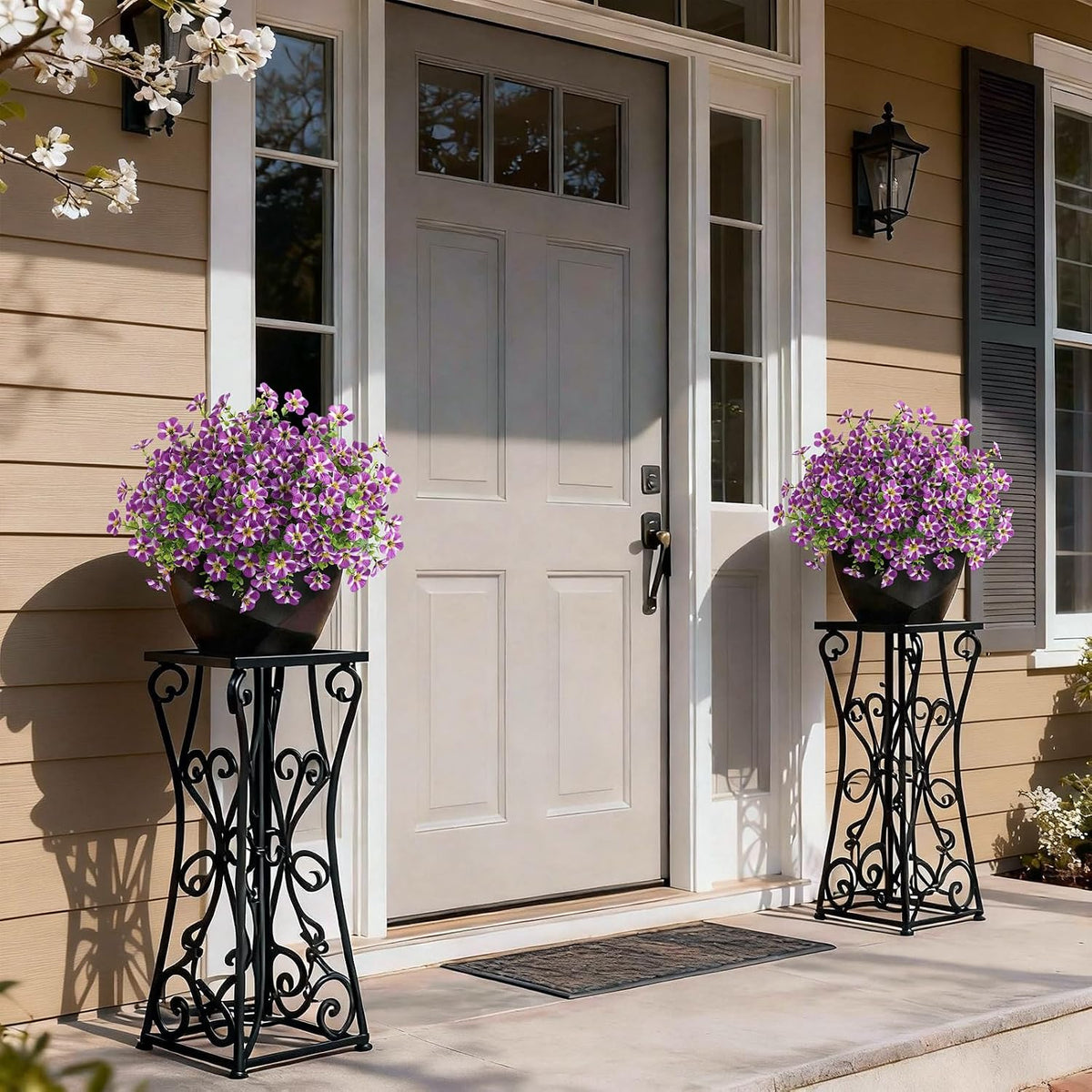 2 Pcs Artificial Flowers & Eucalyptus Topiary Trees for Porch (Purple)