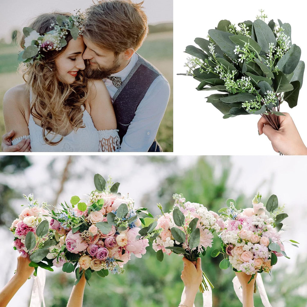 Hoteam 180 Pcs Eucalyptus Stems Decor Artificial Eucalyptus Leaves Greenery Stems Artificial Silver Dollar with White Seeds Grey Green Short Faux Leaves Branches for Wedding Bouquet Farmhouse Decor