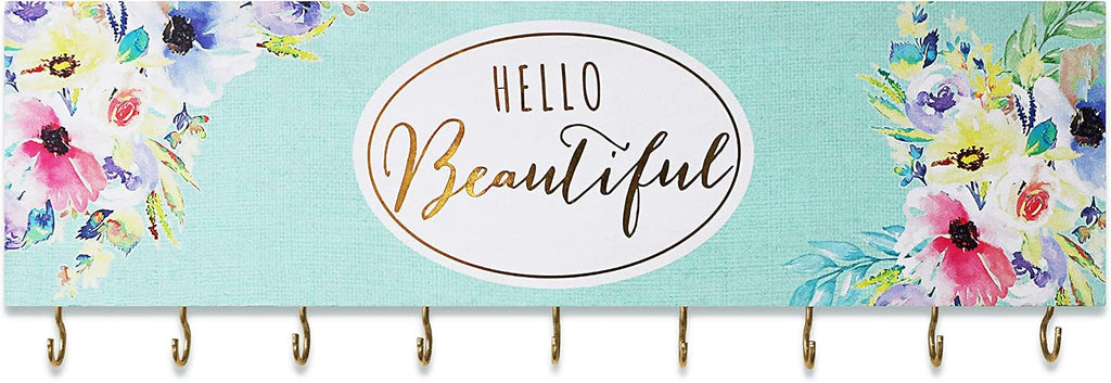 SANY DAYO HOME Wall Mount Necklace Holder Organizer with 9 Jewelry Hooks for Ring, Hair Bow, Headband, Purse - Wall Decor for Girls Room - Hello Beautiful