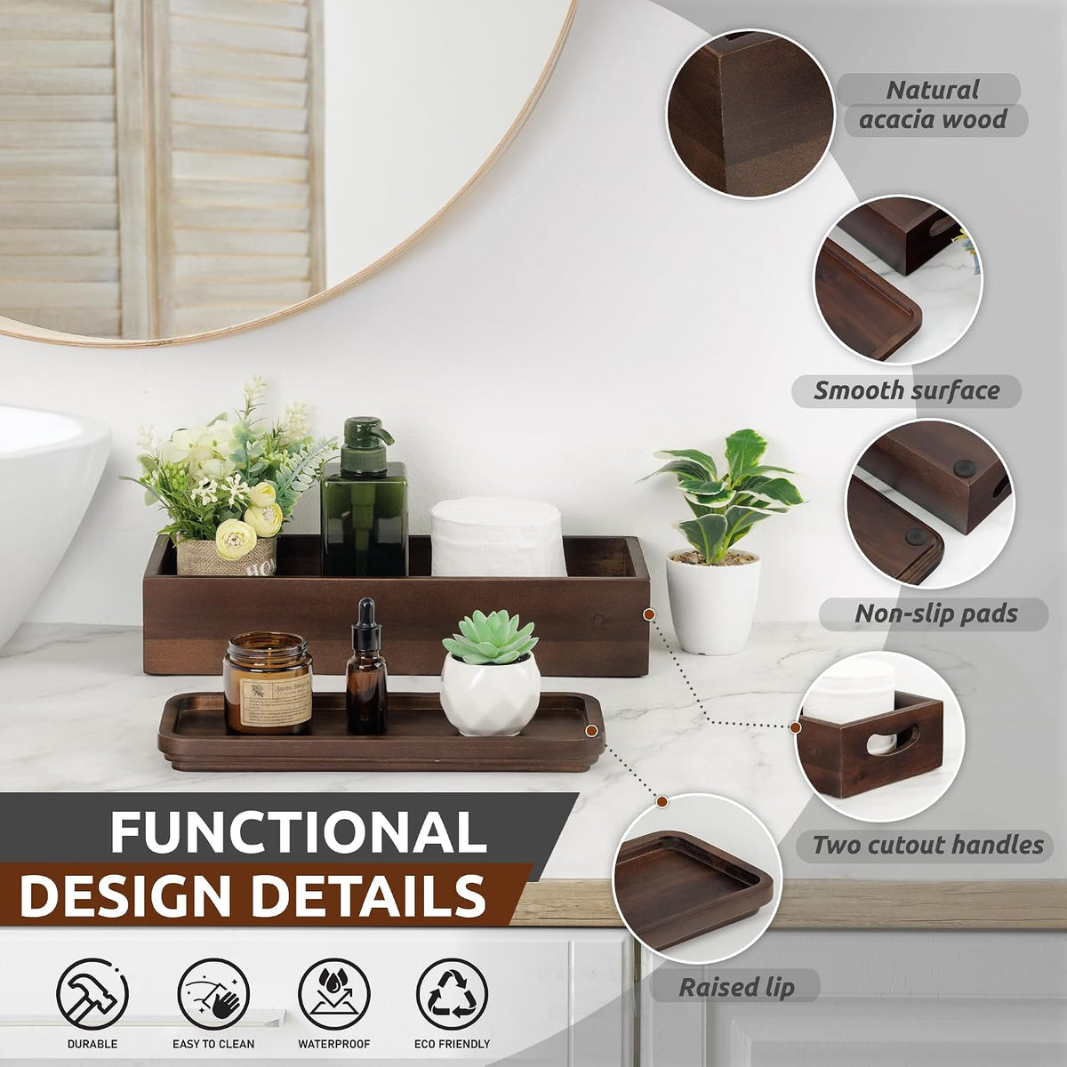 DEMIGO Toilet Tank Topper & Vanity Tray, Acacia Wood Decor Set, Dark Brown