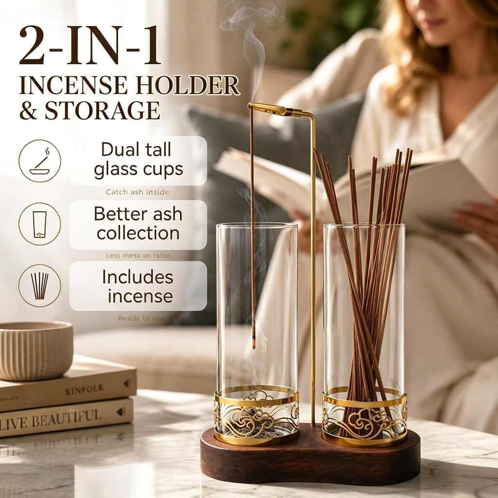 2 in 1 Incense Holder Set, Anti-Tip Burner Glass Ash Catcher with 20 Sticks