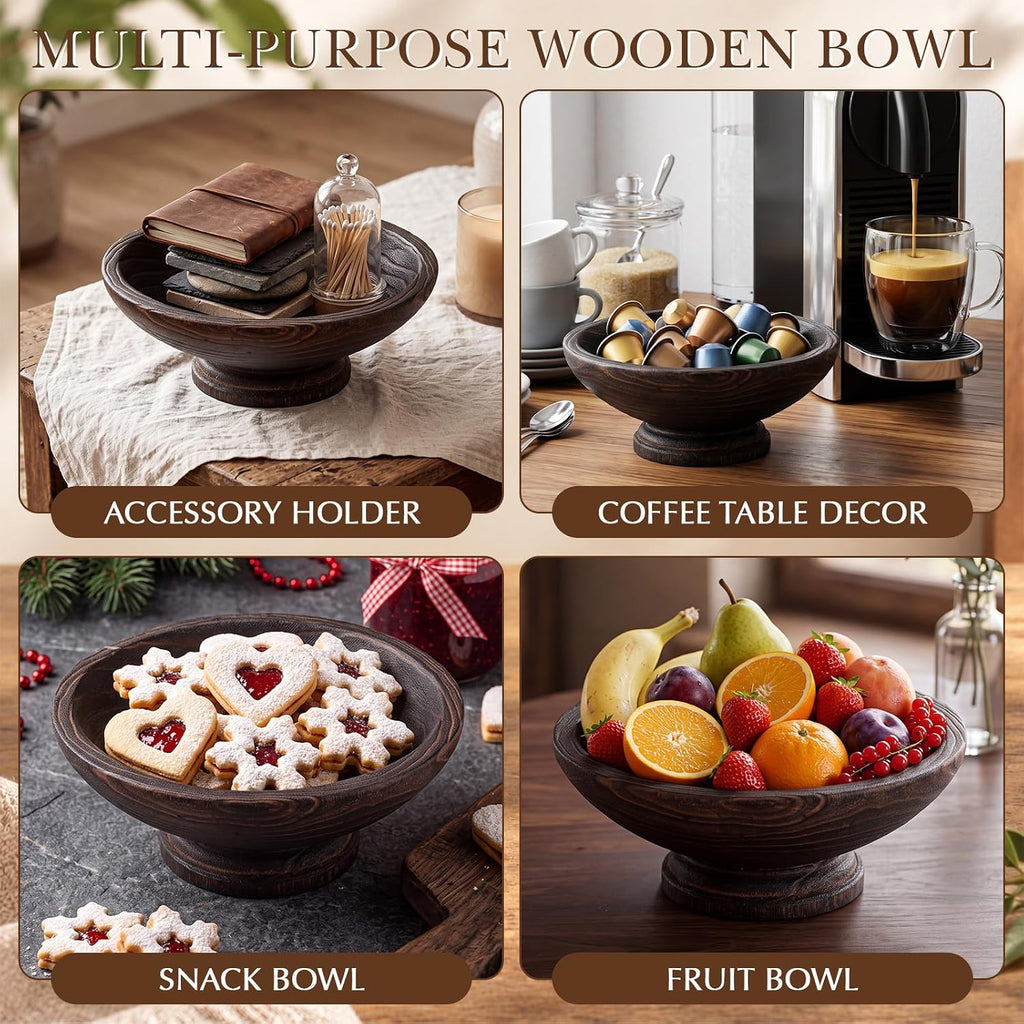 9 Inch Wooden Fruit Bowl with Natural Finish Pedestal for Kitchen Counter