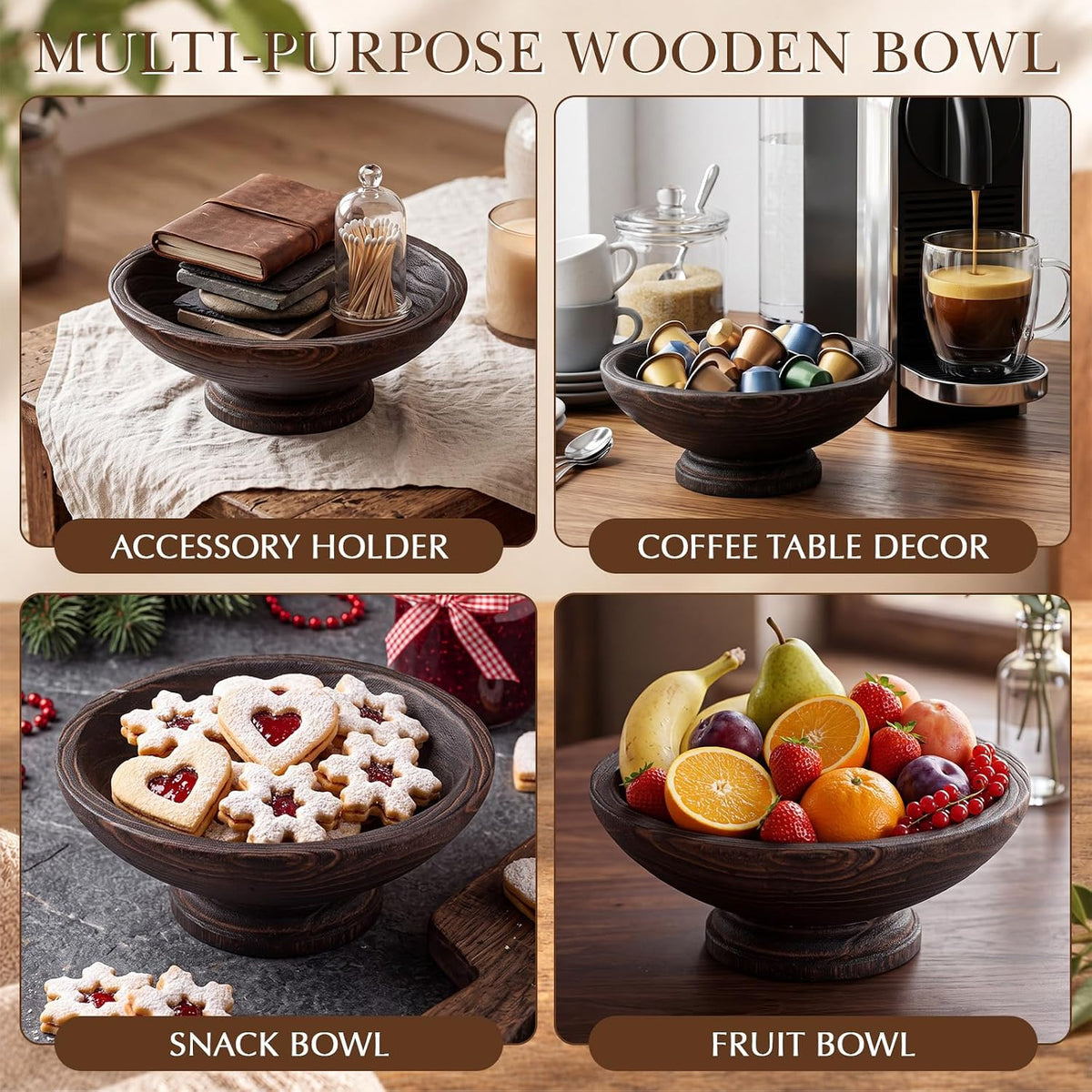 9 Inch Wooden Fruit Bowl with Natural Finish Pedestal for Kitchen Counter