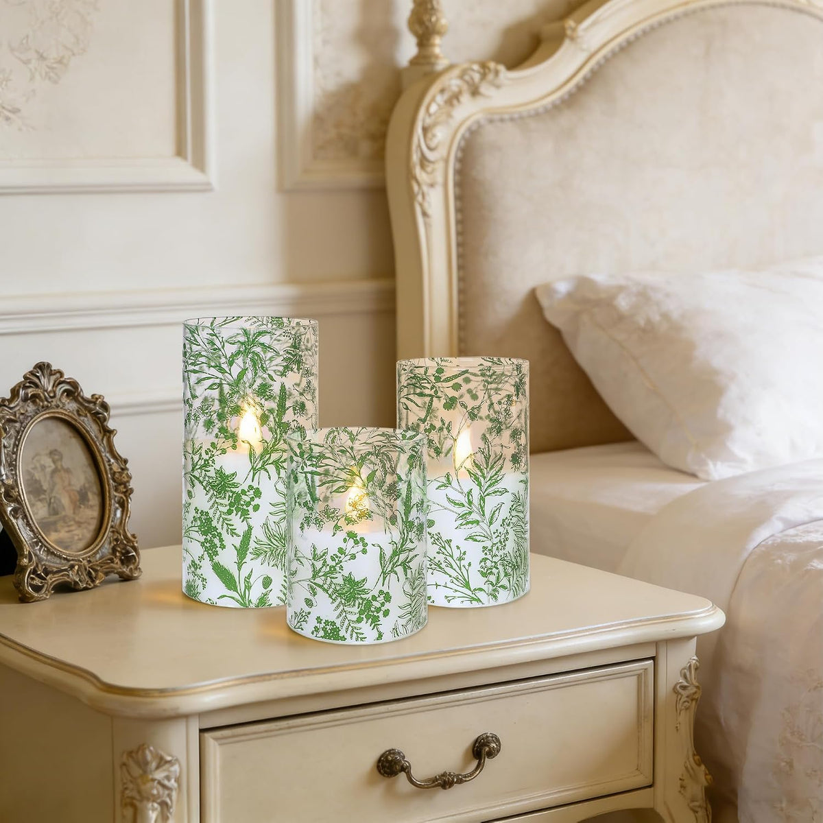 Green Botanical Glass Flameless Candles with Remote & Timer Fern Leaves Design Battery Operated Flickering Pillar LED Candles for St. Patrick's Day Home Party Decor Table Centerpiece