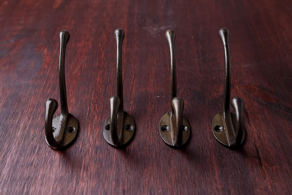 CRAFTSMAN ROAD Vintage Cast Iron Wall Hooks (Antique Brass Finish, Set of 4) - Rustic, Farmhouse Coat Hooks | Coats, Bags, Towels, Hats | Classic Slender