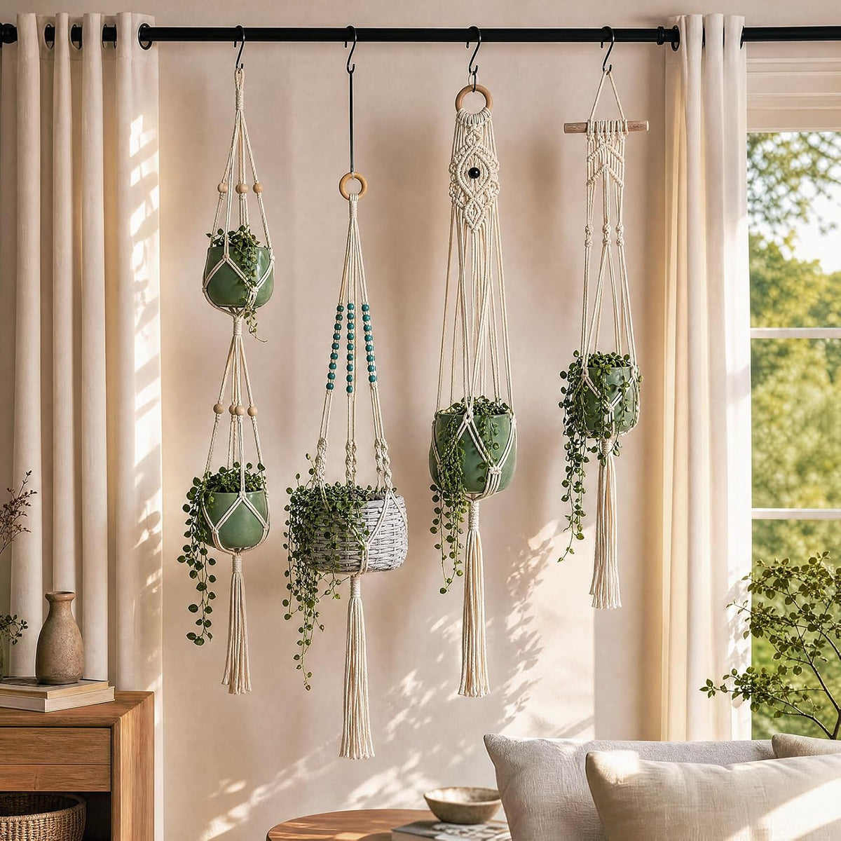 4-Pack Indoor Pot Hanger, Macrame Hanging Planters, Boho Decor for Room/Ceiling/Garden/Balcony (No Pot and Plant Included)