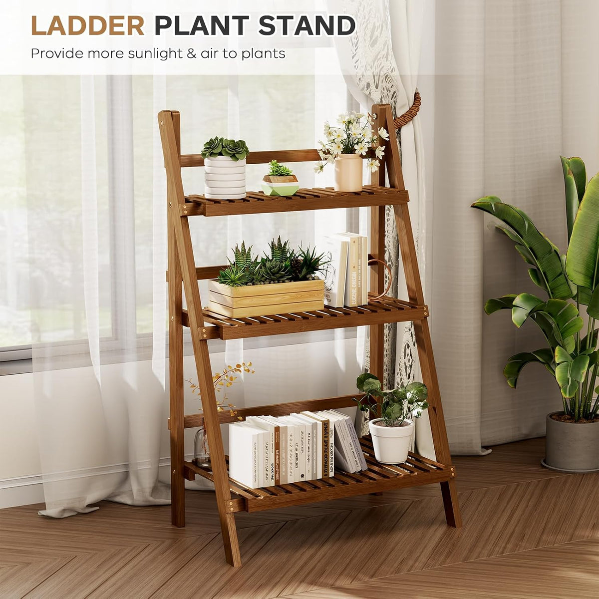 Ladder Shelf, Foldable Plant Shelf Stand, 3-Tier Bamboo Bookshelf, 39.4In