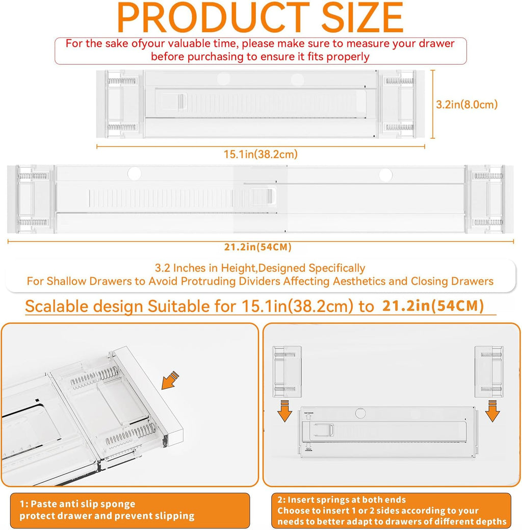 Yieach 8 Pack 3.2 Inch Shallow Acrylic Drawer Dividers for Clothes -Expandable from 15-21''- Adjustable Drawer Dividers for Baby Clothing,Sock,Underwear,Clear in Drawer Separators for Dresser,Kitchen