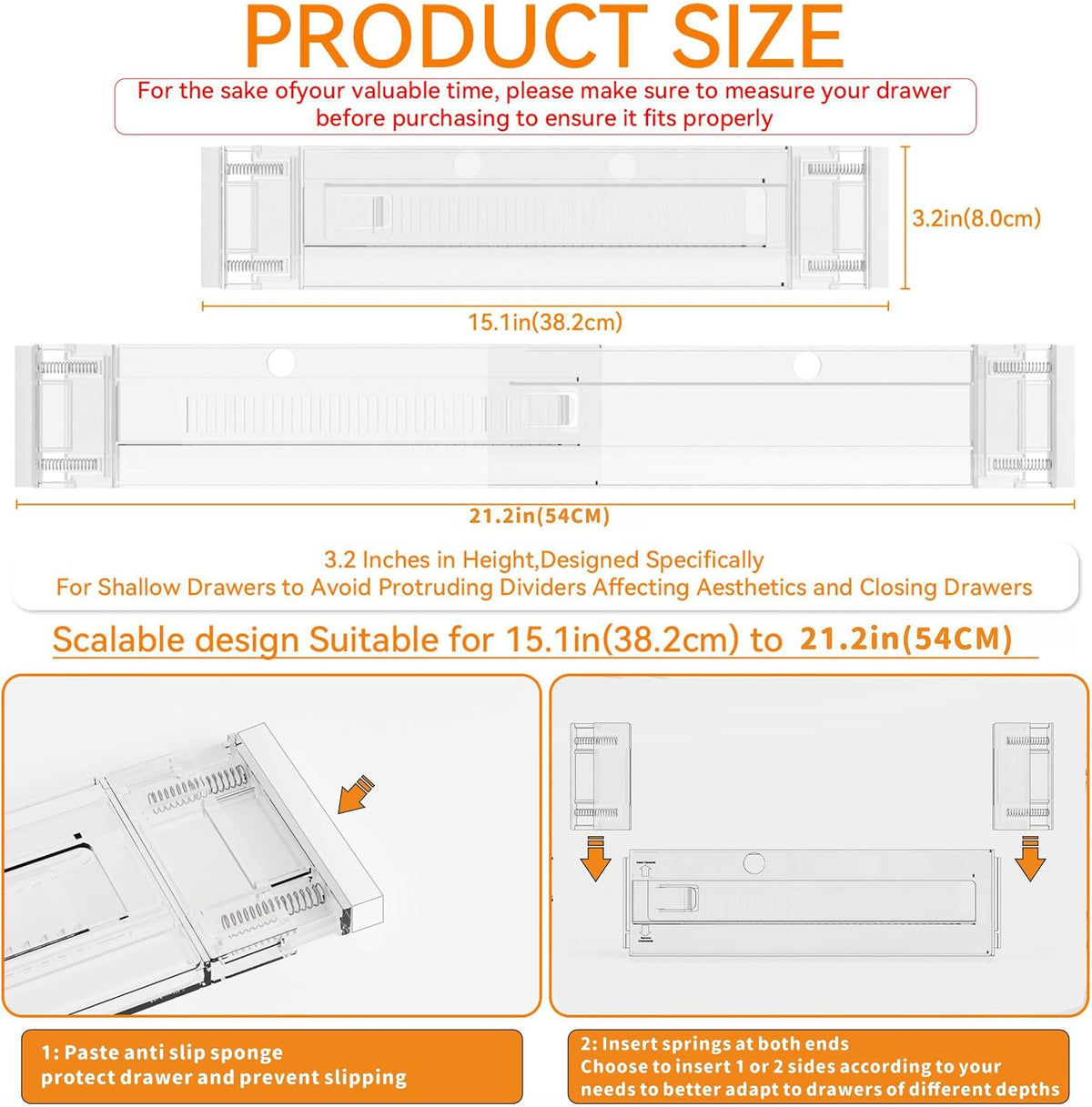Yieach 8 Pack 3.2 Inch Shallow Acrylic Drawer Dividers for Clothes -Expandable from 15-21''- Adjustable Drawer Dividers for Baby Clothing,Sock,Underwear,Clear in Drawer Separators for Dresser,Kitchen