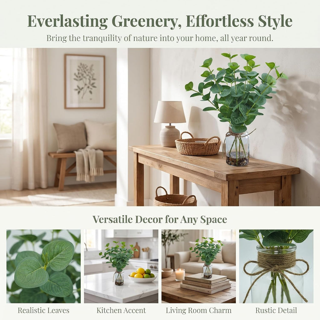 Artificial Eucalyptus Stems in Glass Vase with Faux Water, 13.5" Fake Plants for Home Decor, Office, Bathroom & Farmhouse Weddings - Faux Greenery Plants Decorations