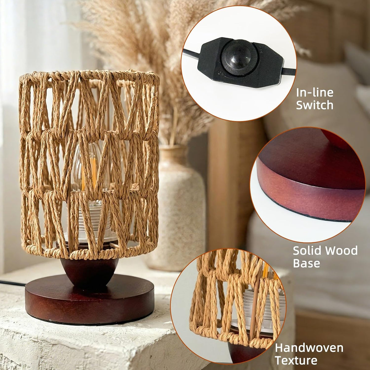 Boho Rattan Table Lamp,Dimmable Bamboo Small Bedside Lamp for Bedroom Decor