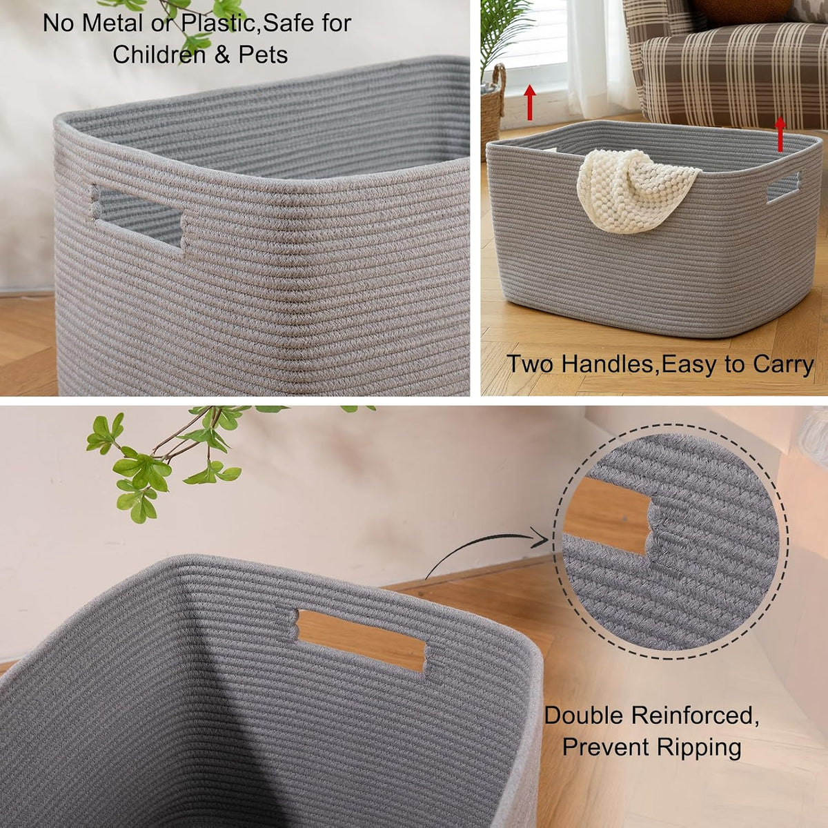 OIAHOMY 118L XXXLarge Rope Storage Basket, Oversized Blanket Basket Grey