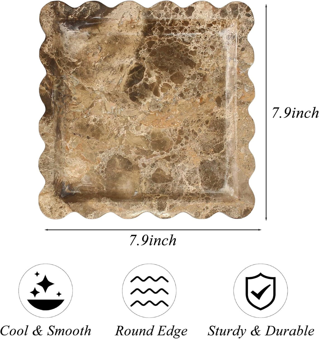 YMXYJM Brown Marble Tray, Scalloped Coffee Table Tray Decor, 8" Square Tray