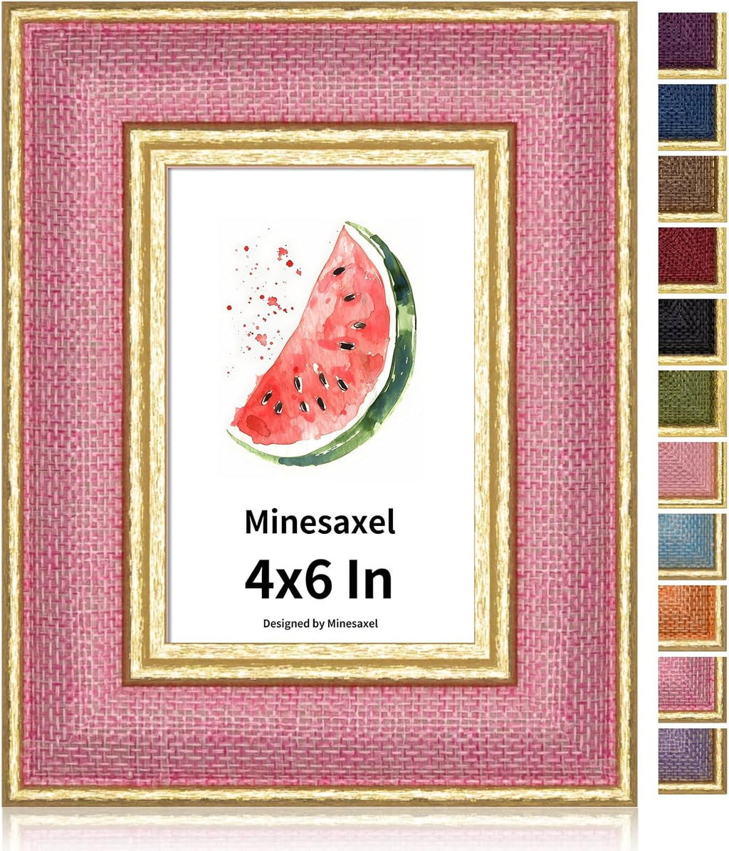 4x6 Picture Frame - Soft Pink Fabric & Vintage Gold Border HD Real Glass with Easel for Tabletop/Wall (Family Photos, Nursery Decor 1 Pack)