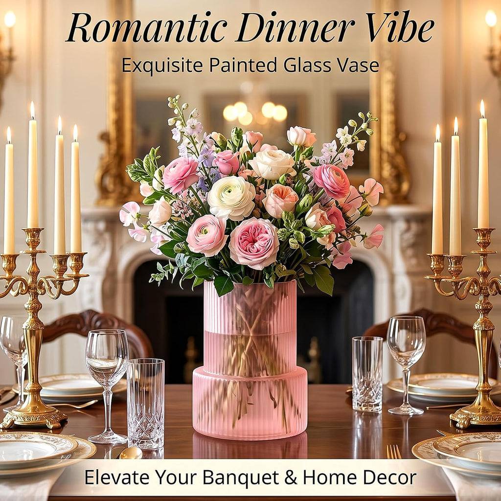 Pink Ribbed Glass Vase, Modern Decorative Flower Vase