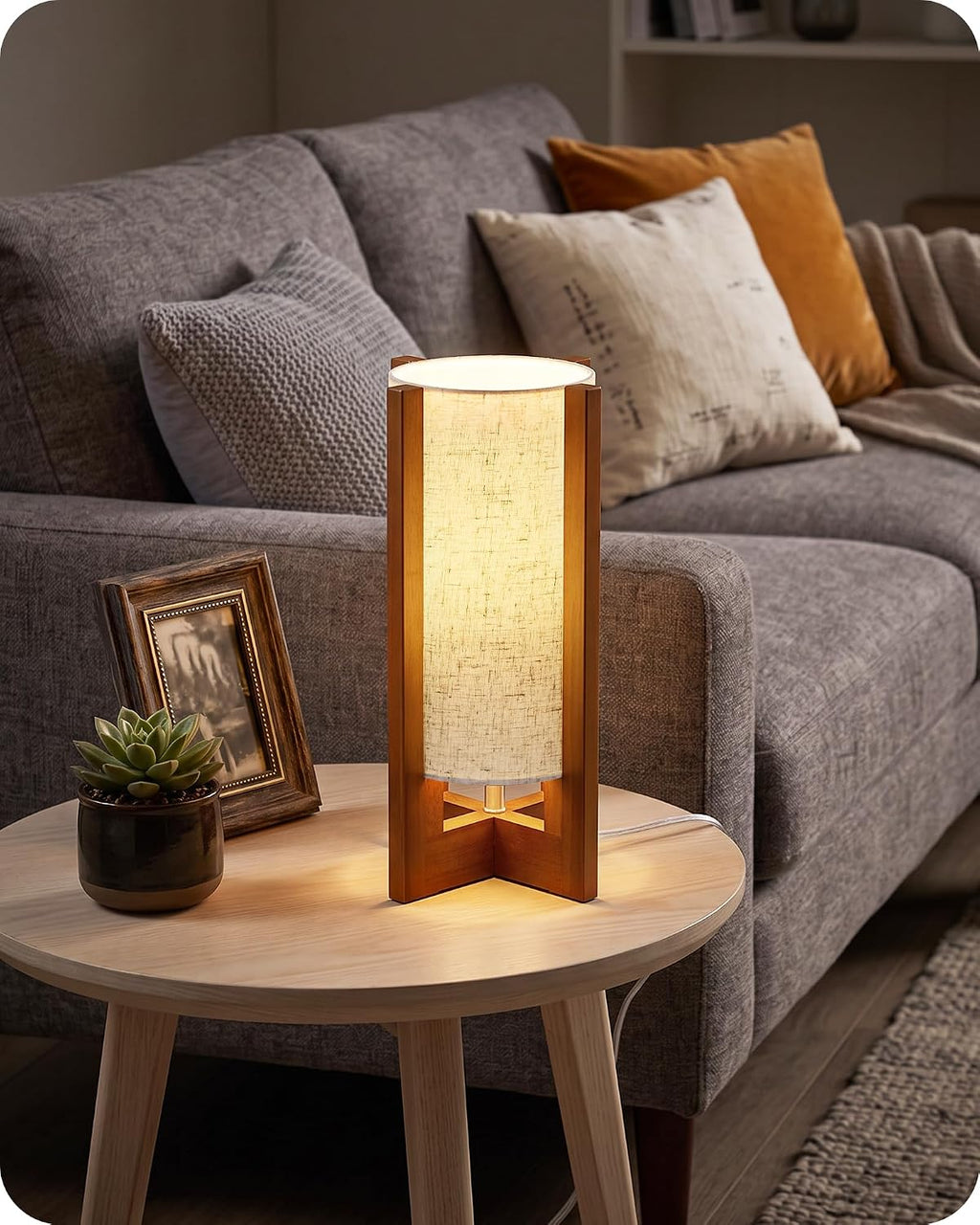 Small Table Lamp, 13.4" Wood Bedside Lamp with A19 LED Bulb