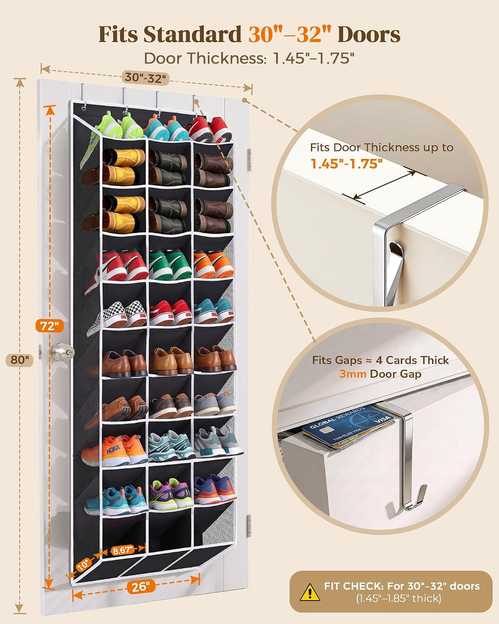 30-60 Pair Over Door Shoe Organizer, 26" Extra Wide Shoe Storage Rack(Blk)