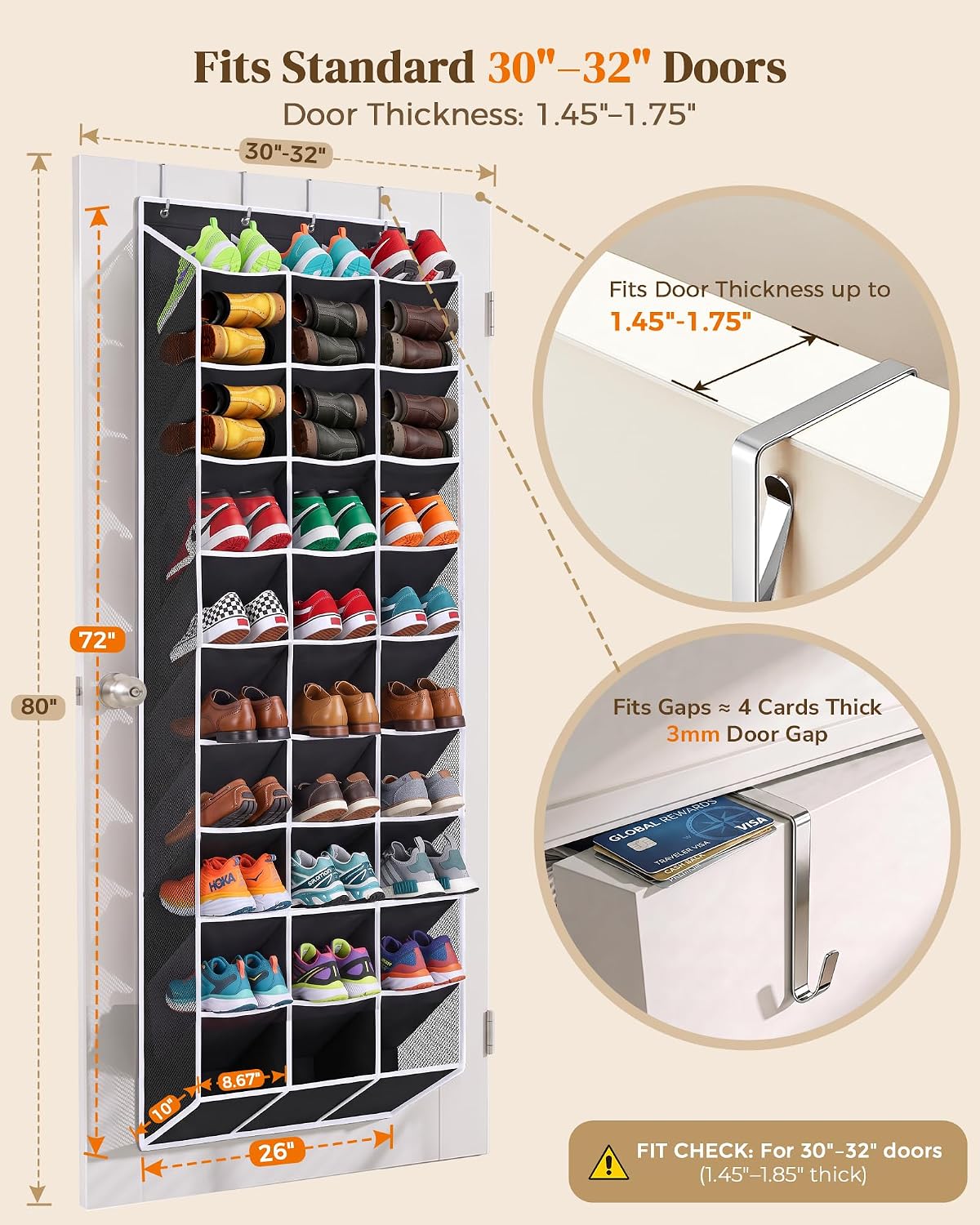 30-60 Pair Over Door Shoe Organizer, 26" Extra Wide Shoe Storage Rack Black