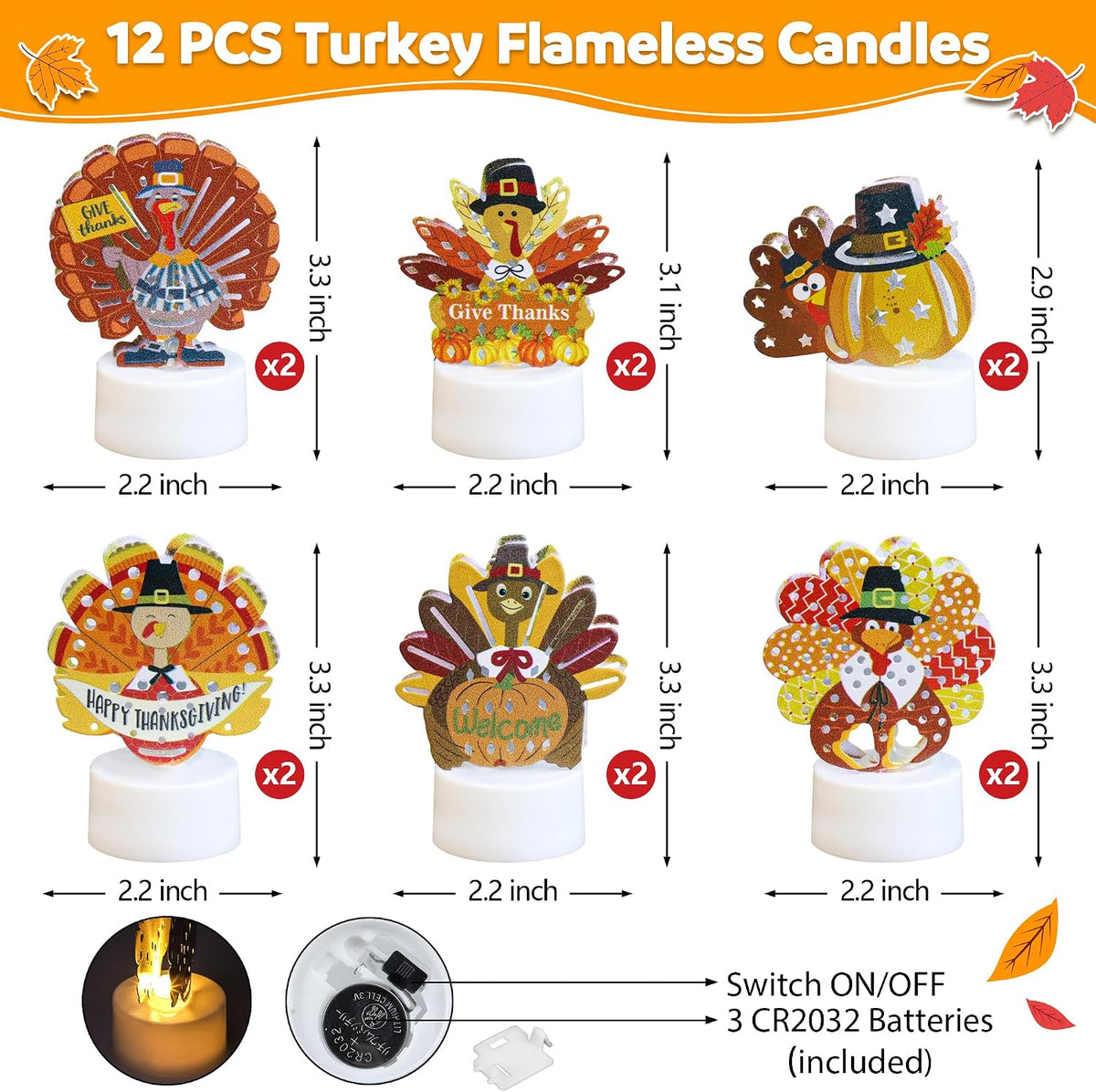 12 PCS Turkey Tea Lights Candles Battery Operated Thanksgiving LED Flameless Tealight Candles, Cute Thanksgiving Table Decorations Centerpieces for Home Kitchen Indoor Party Fall Decor
