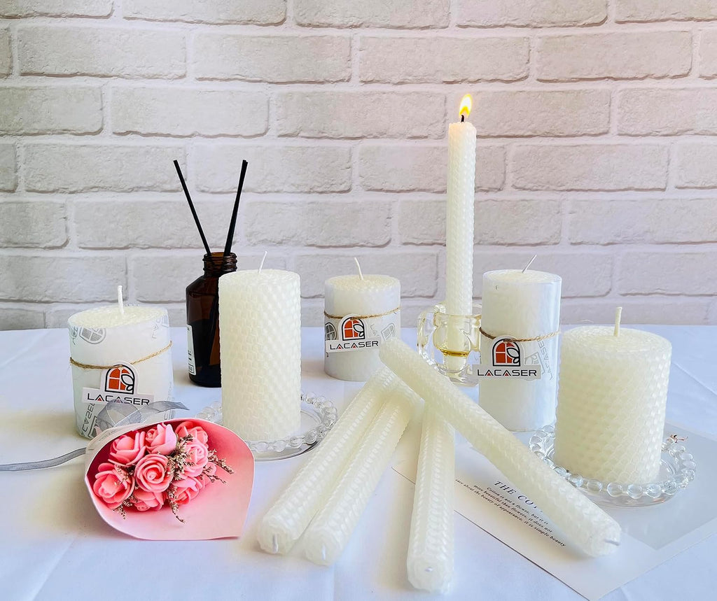 Lacaser White Beeswax Taper Candles Set of 6 Pcs, 9" Long Candles for Candlesticks in White,Unscented & Smokeless, Burning Time 4 Hours
