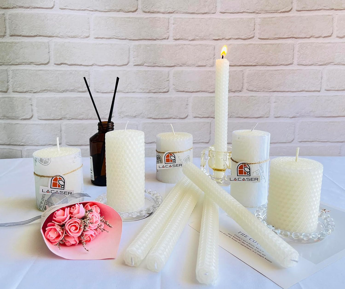 Lacaser White Beeswax Taper Candles Set of 6 Pcs, 9" Long Candles for Candlesticks in White,Unscented & Smokeless, Burning Time 4 Hours