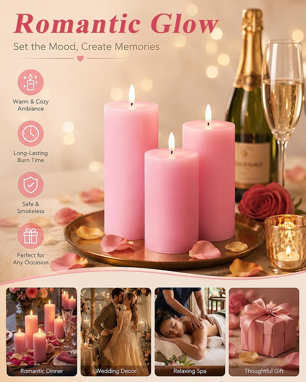 VIHOSE 6 Pack Pink Flameless Candles Set with Remote and Timer Flickering Flameless Battery Candles Flat Top LED Pillar for Wedding Outdoor Home Festival Decoration(D 3" H 6" 7" 8")