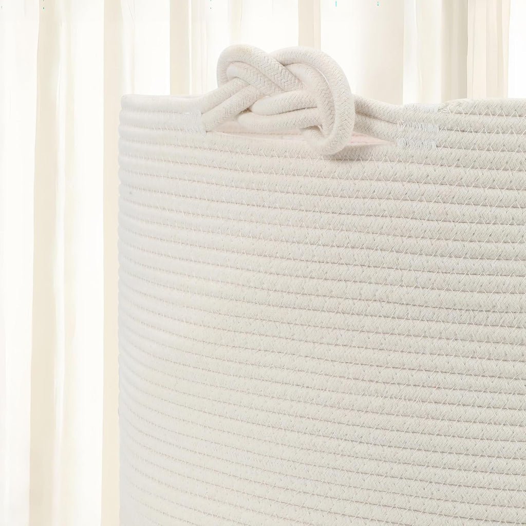Large Blanket Basket (20"x13"),Woven Basket for Storage Dirty Clothes for Laundry, Living Room, Nursery, Bedroom Rope Storage Basket for Blankets（White）