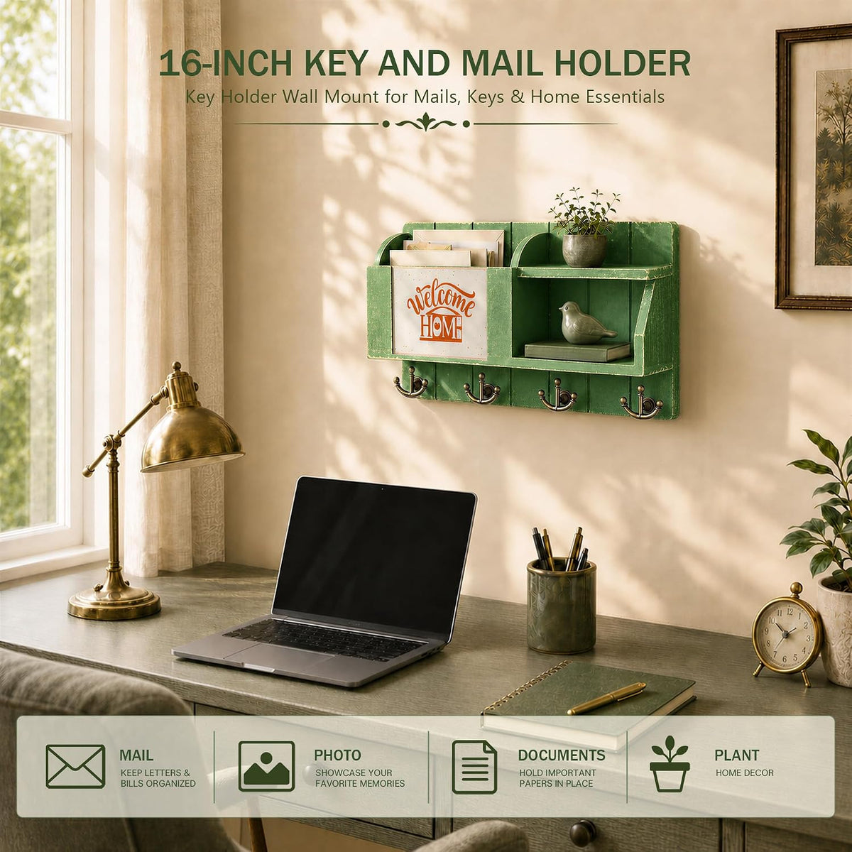 Key Holder Wall Mount with Chalkboard & 4 Key Hooks for Home Decor, Green