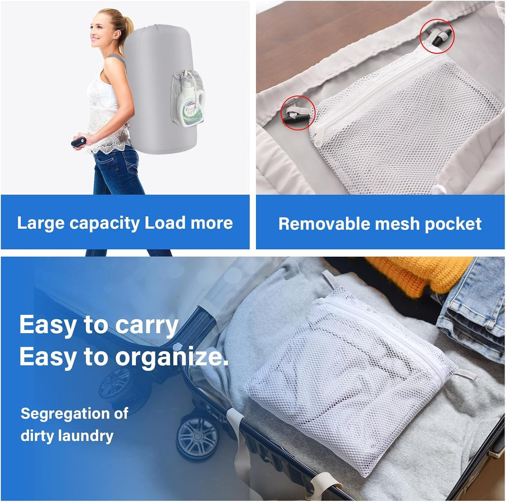 WOOHA 95L Backpack Travel Laundry Bag with Shoulder Straps and Mesh - Durable Polyester Laundry Hampers for Travel, Apartments, Laundromats and Universities (Grey)