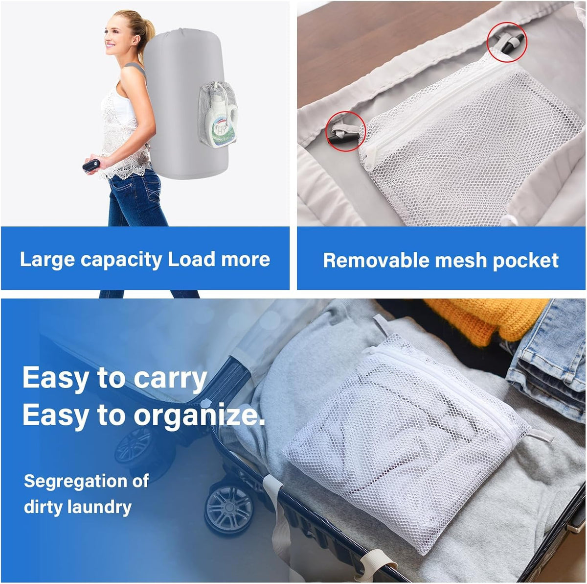 WOOHA 95L Backpack Travel Laundry Bag with Shoulder Straps and Mesh - Durable Polyester Laundry Hampers for Travel, Apartments, Laundromats and Universities (Grey)