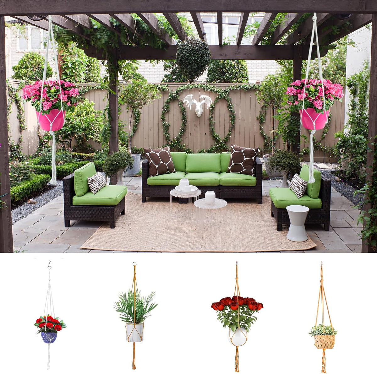Macrame Plant Hangers Planter Flower Pots Holder 3 Pack Basket Stand Tassels with 6 Hooks Kit Cotton Rope for Decorative Indoor Outdoor Patio Garden Boho Home Décor (POTS NOT Included) (BROWN)