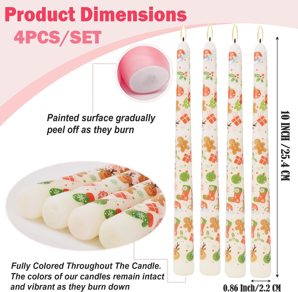 4 Pack Christmas Taper Candles,10 Inch Unscented White Candlesticks with Christmas Tree Print Design for Holiday Table Decor, Fireplace Mantel, Winter Weddings(Ivory)
