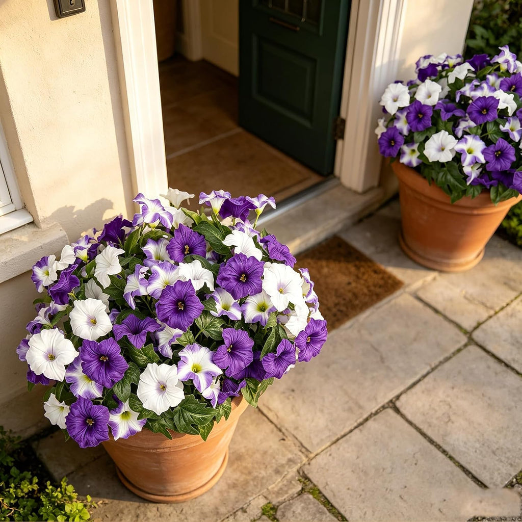 Artificial Flowers for Outdoors, Faux Petunias Spring Summer Decoration, Fake Flowers Plants UV Resistant Look Real Silk Flowers for Outside Planter Front Door Porch Patio Yard (Purple+White)