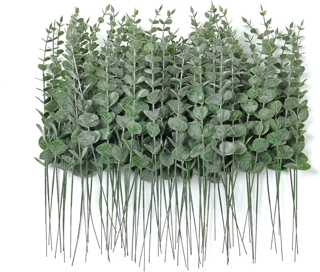 Fake Plants, 200Pcs Eucalyptus Stems Artificial Flowers, Fake Eucalyptus Leaves Stems, Plastic Grey Green Touch Leaf Branches for Home Office Flowers Bouquet Centerpiece Wedding Decoration