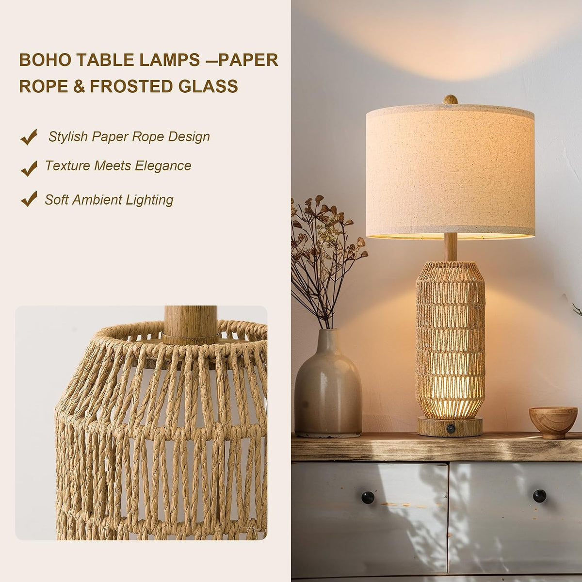 OYEARS 25" Table Lamps Set of 2 with Night Light,Bedside Lamps for Bedroom,Boho Lamps with USB C+A Charging Ports,Farmhouse Table Lamp with Rattan,Frosted Glass,Linen Shade (Wood Grain,Bulb Included)