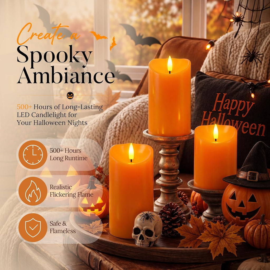 Raycare Real Wax Fall Flameless LED Pillar Candles with Timer Remote,Orange
