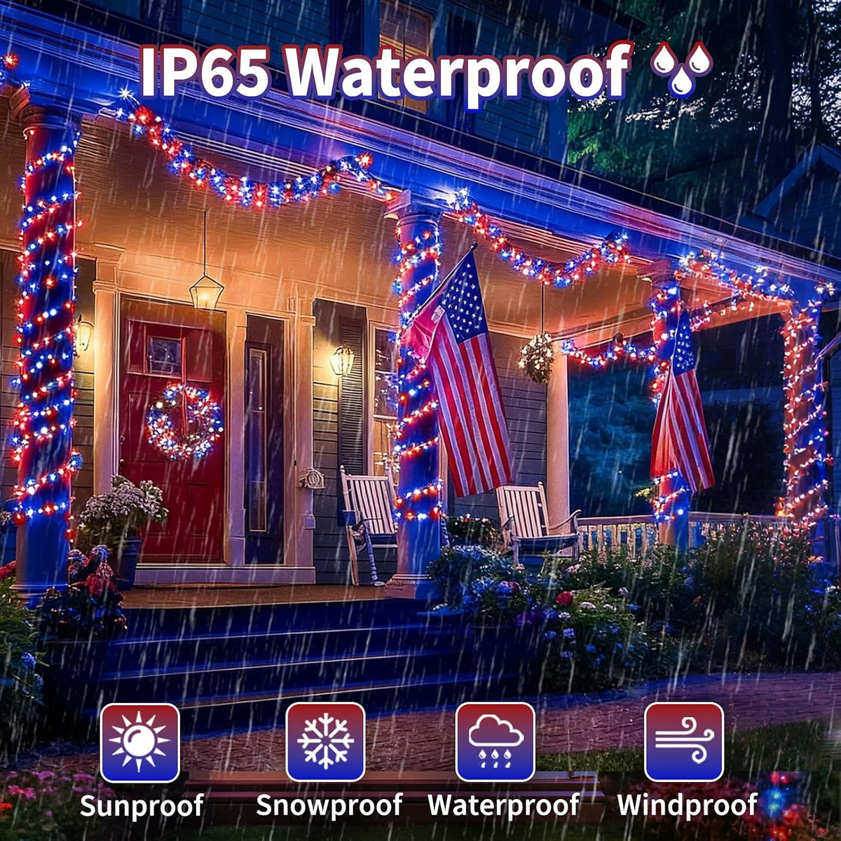 Solar String Lights Outdoor 2 Pack 480 LED Christmas Lights Red White Blue