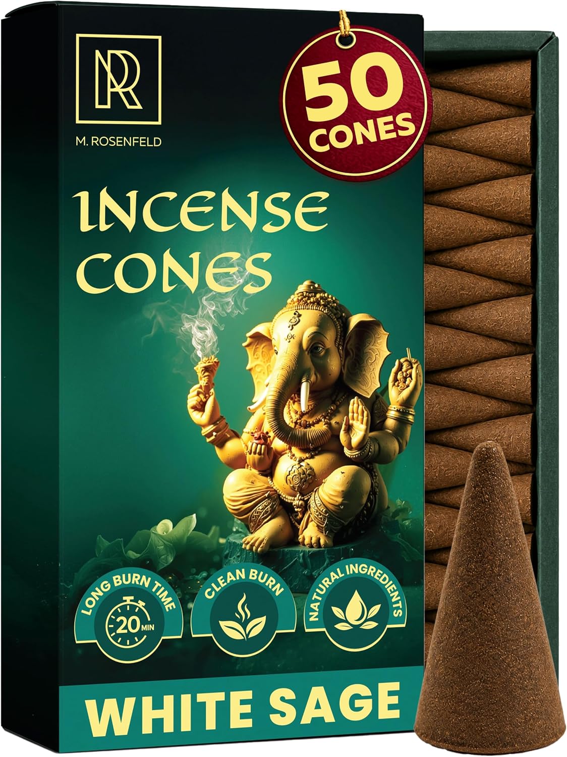 White Sage Incense Cones Scented 50 Pack - Authentic Cleansing Sage Dhoop Resin Blend, Cone Incense Scents for Meditation Yoga Aromatherapy, 1.5-Inch 20-Min Long Burn