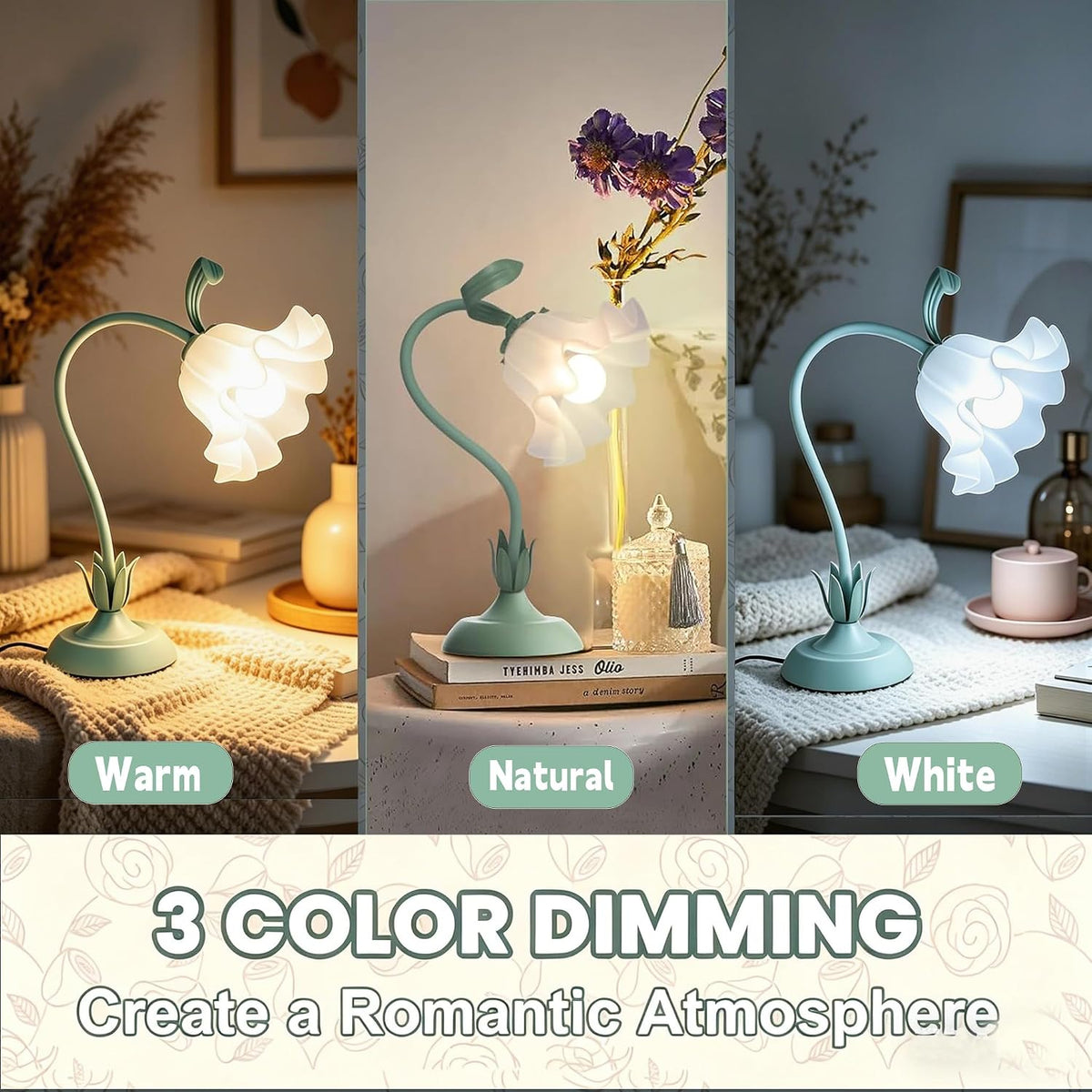 Flower Desk Lamp, LED Reading Light Flower Table Lamp, 3 Colors Flower Lamp for Girls Bedroom, Adjustable Flexible Lamp for Nightstand, Bedside Table Lamps for Bedroom, Living Room, Home Decor (Green)