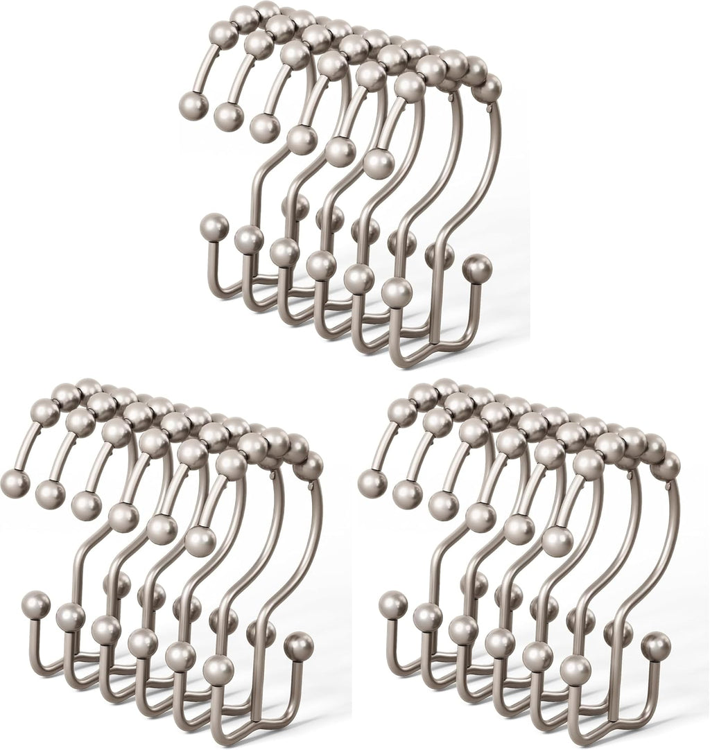 DAWNER Shower Curtain Hooks, Rust Proof Metal Easy Glide Double Rings, Stainless Steel Hangers for Bathroom Curtains, Set of 12, Brushed Nickel (Pack of 3)