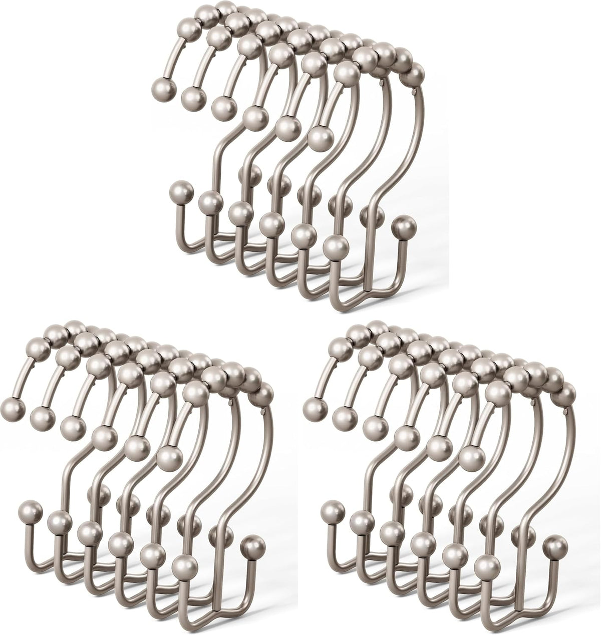 DAWNER Shower Curtain Hooks, Rust Proof Metal Easy Glide Double Rings, Stainless Steel Hangers for Bathroom Curtains, Set of 12, Brushed Nickel (Pack of 3)