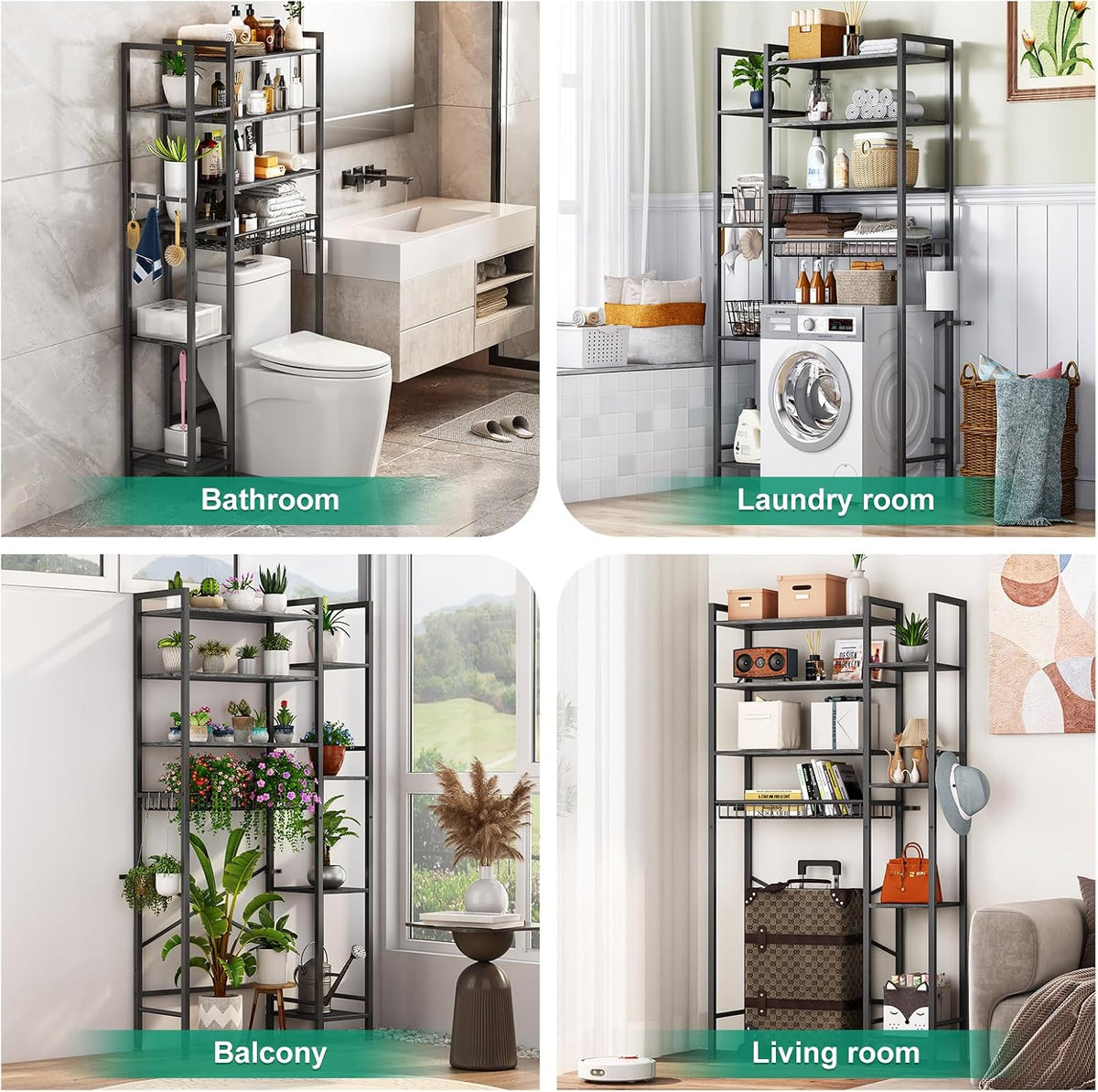 Kalrin 8-Tier Over The Toilet Storage with Side Rack, Over Toilet Storage Rack with Adjustable Shelf & Drain Basket, Freestanding Bathroom Organizer for Balcony, Laundry (Modern Grey)